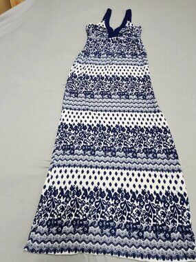 Design History Maxi Dress Womens S Blue White Geometric Floral Braided Strap